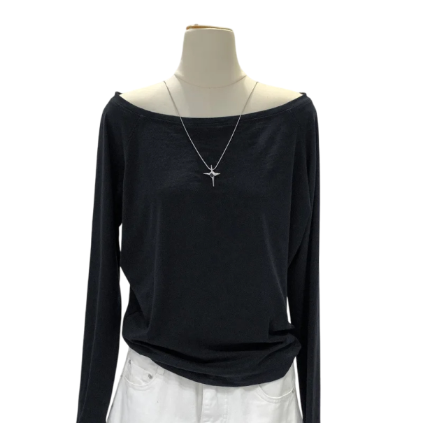 Damen T-Shirt mit U-Boot-Ausschnitt Asymmetrische lockere Passform Schlichtes minimalistisches Design Lange Ärmel Weiches angenehmes Material schwarz M