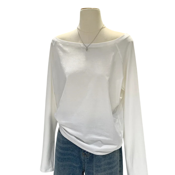 Damen T-Shirt mit U-Boot-Ausschnitt Asymmetrische lockere Passform Schlichtes minimalistisches Design Lange Ärmel Weiches angenehmes Material weiß S