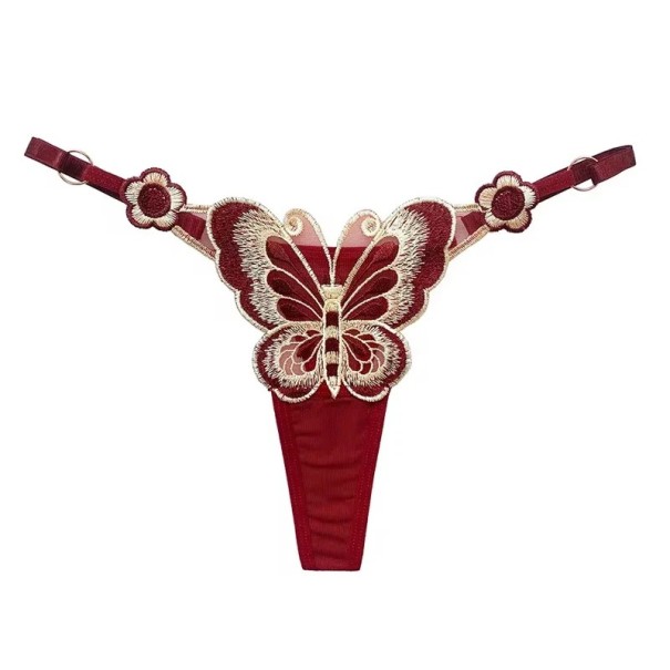 Damen-Tanga mit Schmetterlingsstickerei aus transparenter Netzware mit verstellbarem Bund sexy Unterwäsche für den täglichen Gebrauch weinrot