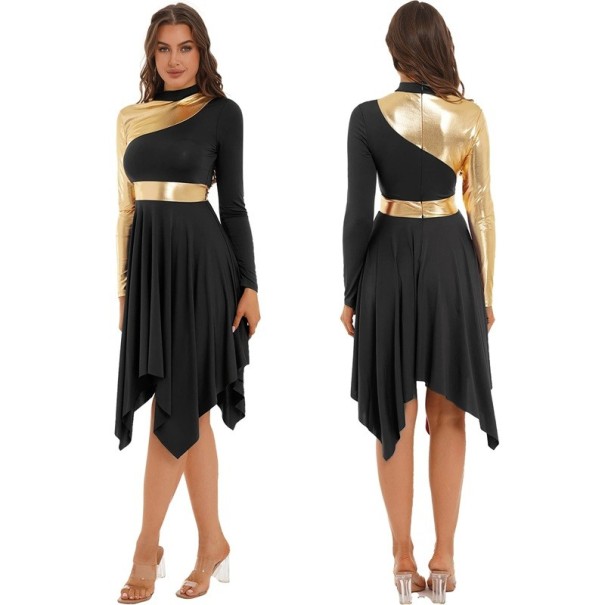 Damen Tanzkleid mit langen Ärmeln, asymmetrischem Saum und metallischem Panel, Polyester und Elasthan, Kostüm für liturgischen Tanz schwarz S