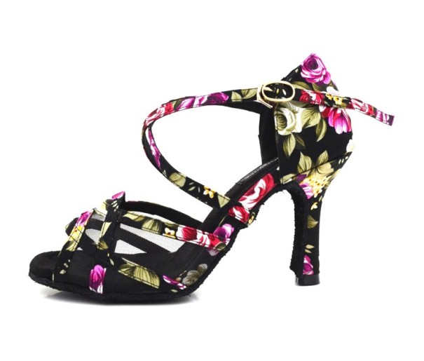 Damen-Tanzschuhe mit Blumendruck schwarz 44 8,3 cm