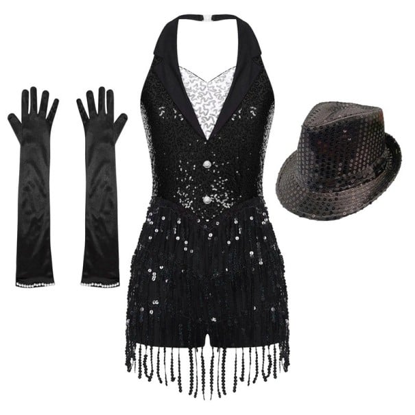 Damen Tanzset Kleid mit Pailletten und Fransen, Hut und Handschuhe, Aussehen wie Weste mit Kragen, Polyester Elasthan, für Latein und Jazz schwarz M