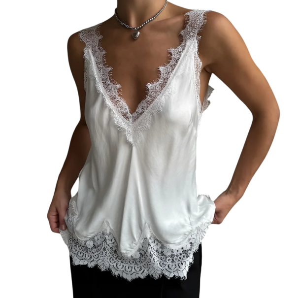 Damen Top Einfarbig mit Spitzenbreite Träger V-Ausschnitt Material Polyester Elegantes Sommeroberteil für Frauen weiß M