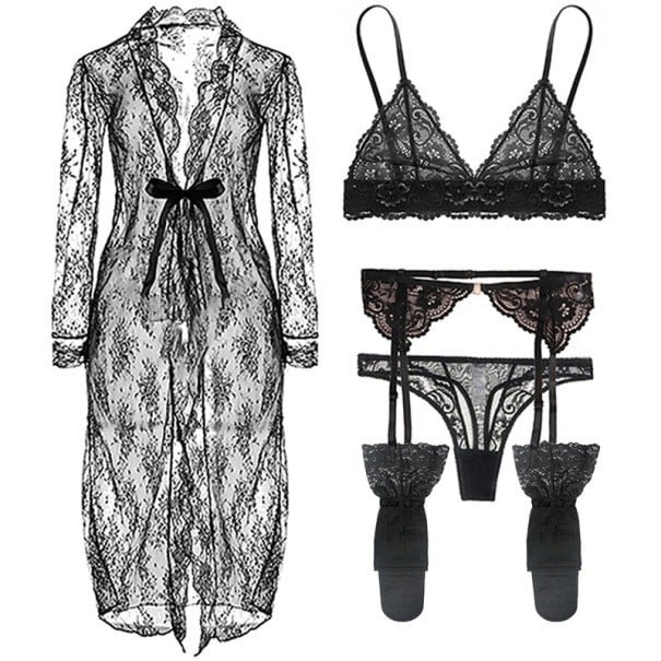 Damen Unterwäsche Set aus Spitze mit Morgenmantel, BH, Slips, Strumpfhaltern und Strümpfen, Polyamid, Elastan, Schwarz für den täglichen Gebrauch XL