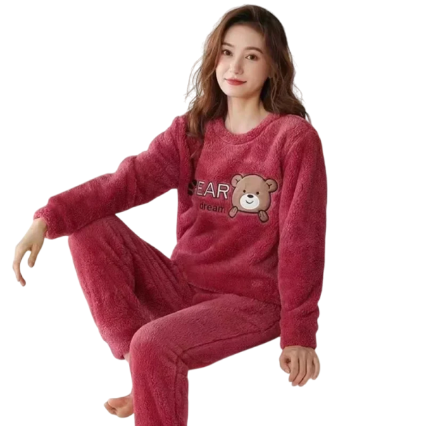 Damen warmes winterliches Plüschpyjama mit Bärenmotiv Langarmshirt und Hose aus Polyester und Spandex Bequeme weiche Kombination weinrot S