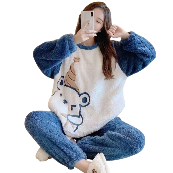Damen warmes winterliches Plüschpyjama mit Bärenmotiv Langarmshirt und Hose aus weichem Polyester und Spandex Blaue Farbe M