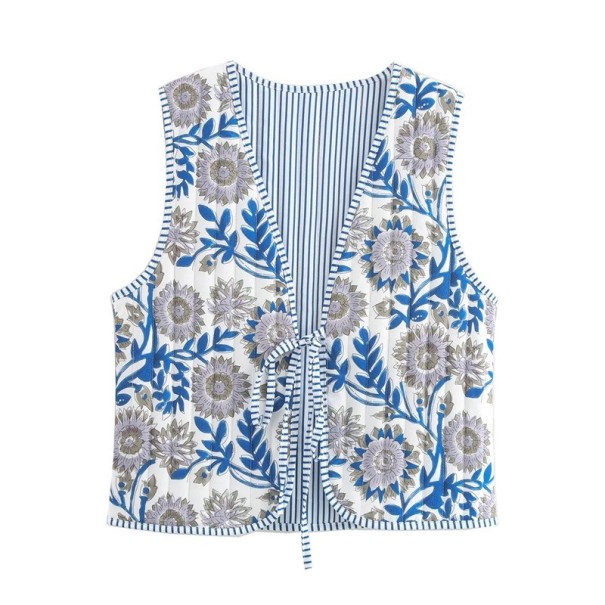Damen weiße Weste mit blauen Mustern und V-Ausschnitt Stylische Weste zum Binden mit Kordel Leichte elegante Weste aus Polyester für den täglichen Gebrauch L