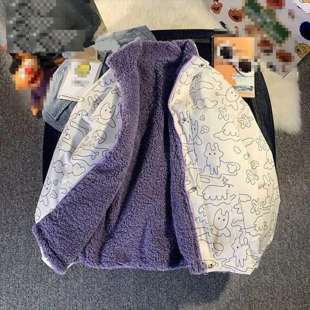 Damen Wendeblouson mit Plüschseite und Druck von Comicfiguren Stehkragen Reißverschluss Seitentaschen Polyester lila XL