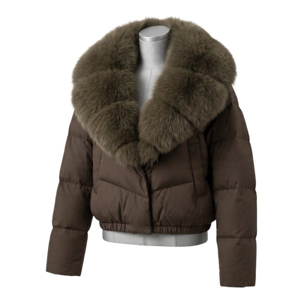 Damen Winter Daunenjacke kurz mit graubraunem Kragen aus echtem Pelz und elastischem Saum im lässigen Schnitt braun M