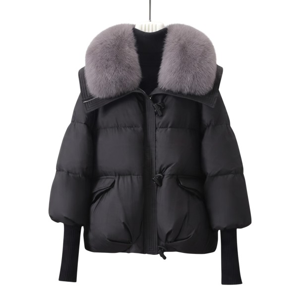 Damen Winter Daunenjacke mit Pelzkragen, Reißverschluss und Knöpfen mit Strickbündchen und Taschen mit Klappe schwarz M