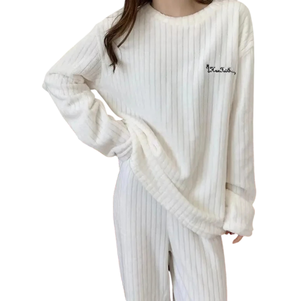 Damen Winter Plüsch Pyjama aus Polyester und Spandex Einfarbiger warmer Komplett mit langen Ärmeln und Hosen Universelle Größe weiß