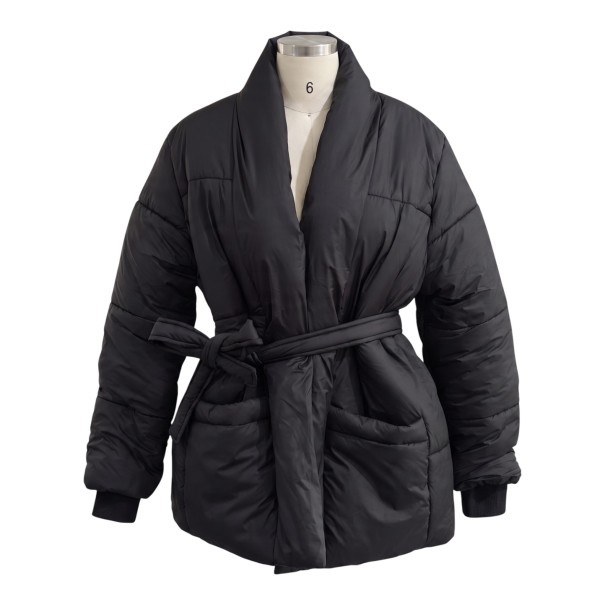 Damen Winter Steppjacke mit Bindegürtel und Schalkragen Wickel-Pufferjacke mit weiten Ärmeln schwarz S