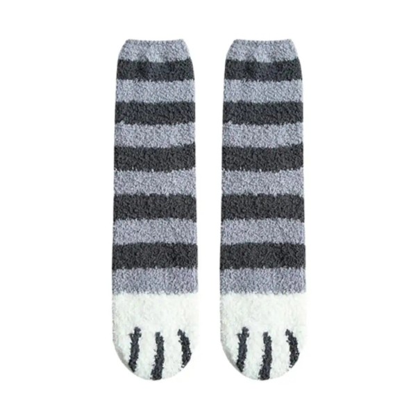 Damen Winter warme flauschige gestreifte Socken EU 36-42 Größe weiche warme Baumwolle Polyester Motiv Katzenpfoten bequeme Haussocken ein Paar grau