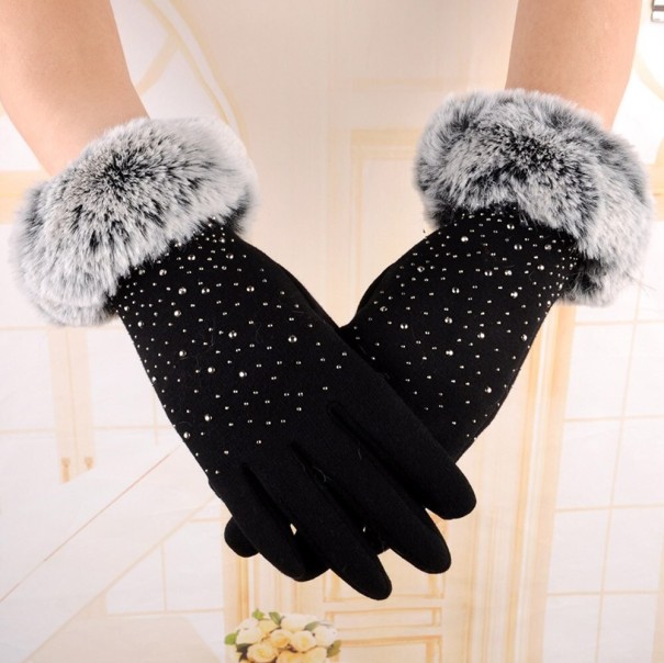 Damen-Winterhandschuhe mit Fell schwarz