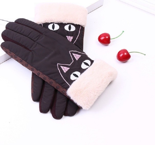 Damen-Winterhandschuhe mit Katze dunkelbraun