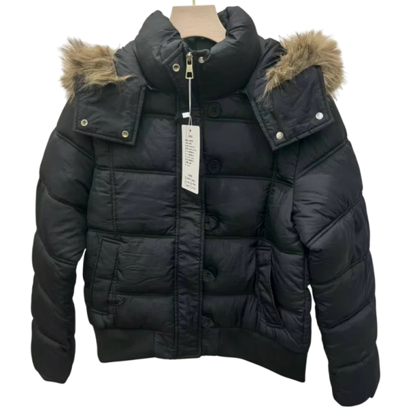 Damen Winterjacke aus Baumwolle Warme Jacke mit Kapuze und Fell Hoher Stehkragen Reißverschluss- und Knopfverschluss Praktische Taschen für den Winter schwarz M