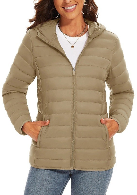 Damen Winterjacke mit Kapuze Steppjacke mit Reißverschluss Wärmende Jacke mit Taschen Leichte gefütterte Jacke für die Stadt Stilvoller Schnitt für kaltes Wetter braun XL