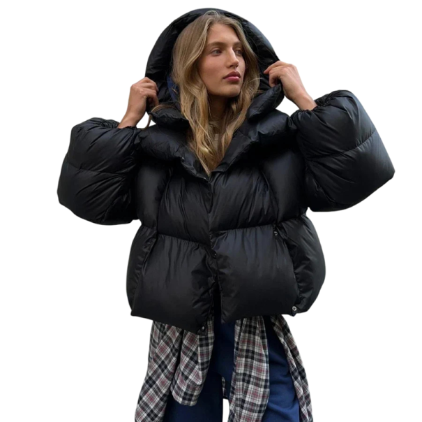 Damen Winterjacke mit Kapuze Warme Jacke mit Druckknöpfen und Kragen sowie Taschen Bequemer Wintermantel mit warmem Verschluss für den täglichen Gebrauch schwarz M