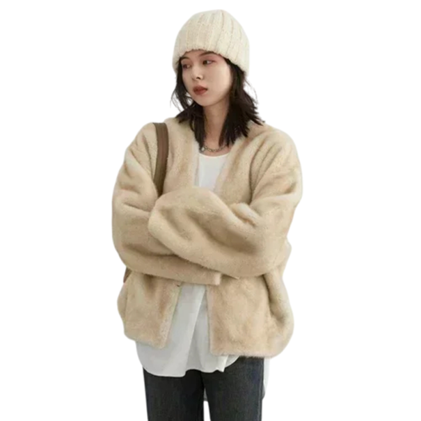 Damen Winterjacke Pelz Universalgröße Warmer Polyester Mantel mit Taschen V-Ausschnitt Eleganter weicher Wintermantel beige