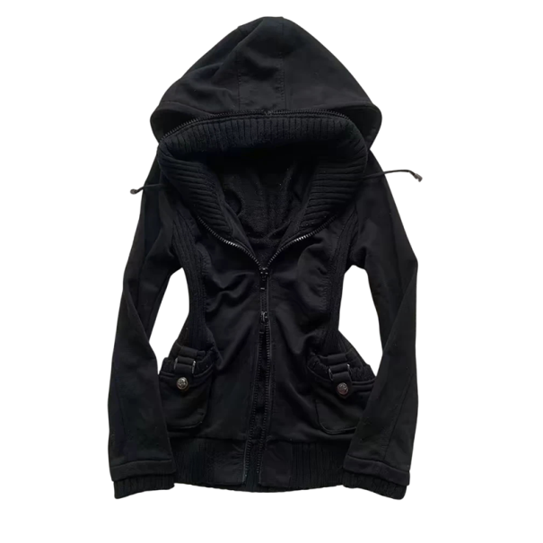 Damen Winterjacke Reißverschluss und Knöpfe Taschen für die Hände Kapuze Bequeme Winterjacke schwarz S