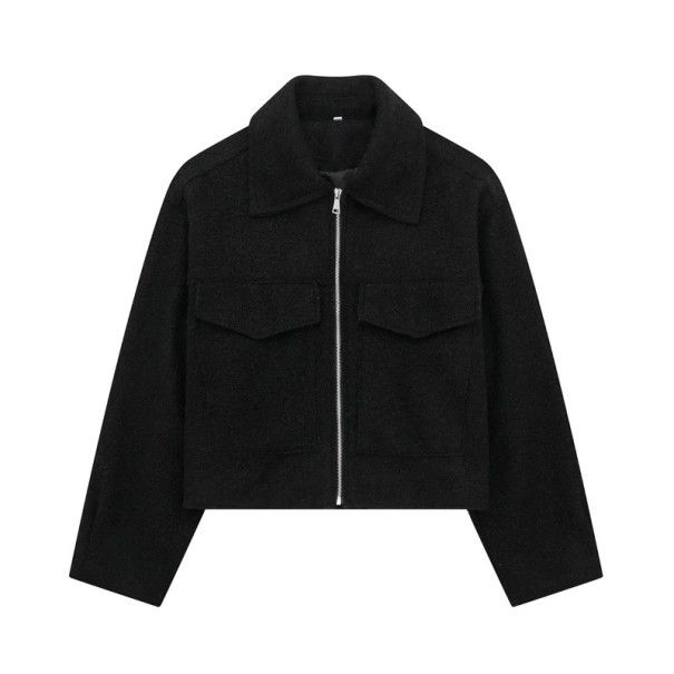 Damen Woll-Herbstjacke mit Reißverschluss Kurzer Schnitt Reverskragen Zwei Pattentaschen Eleganter Mantel für die Übergangszeit Urbaner schwarz XS