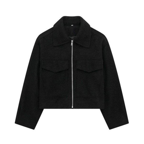 Damen Woll-Herbstjacke mit Reißverschluss Kurzer Schnitt Reverskragen Zwei Pattentaschen Eleganter Mantel für die Übergangszeit Urbaner Style schwarz M