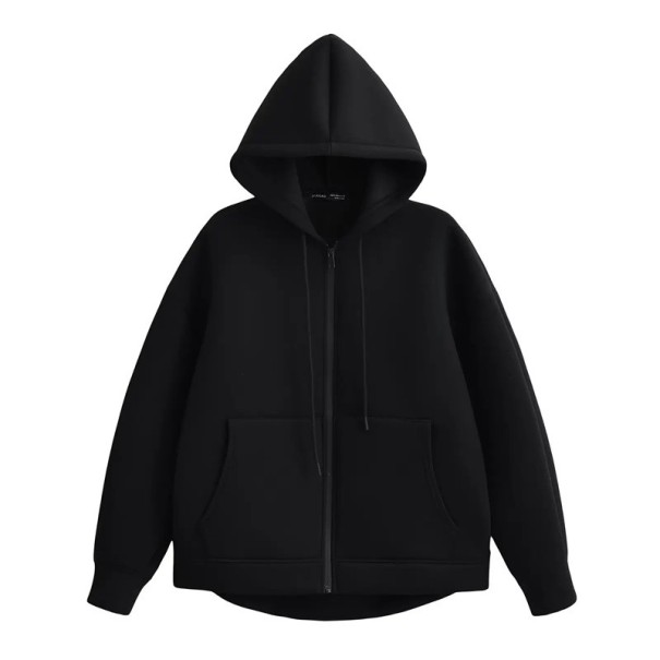 Damen Zip-Hoodie mit Taschen Einfarbiger Hoodie aus weichem Polyester Bequemer Freizeitoberteil in verschiedenen Farben schwarz XS