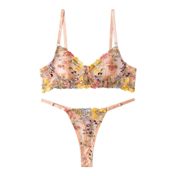 Damen Zweiteiler Set Unterwäsche mit Blumenstickereien, halbtransparentem BH mit Bügeln und Tanga mit verstellbaren Seitenbändern Beige S