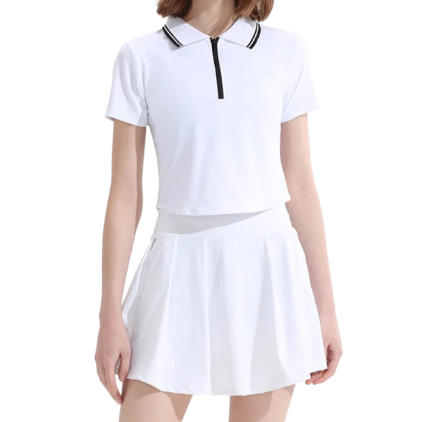 Damen Zweiteiliger Sportset Polo-Shirt mit kurzen Ärmeln und Plissierter Rock elastisches Set für Tennis und andere Sportaktivitäten weiß S
