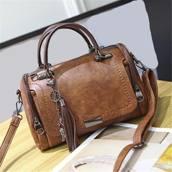 Damen Zylindertasche für die Hand und über die Schulter Aus Kunstleder Dekorative Steppnaht Quaste mit Anhänger Metallreißverschlüsse 27 x braun