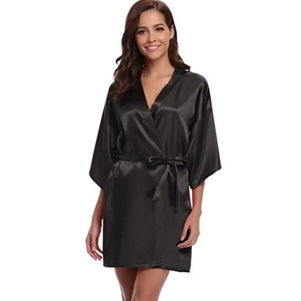 Damenbademantel aus Seidenimitat Leichter eleganter Bademantel mit Bindeband in der Taille aus feinem Polyester für angenehmen schwarz XS
