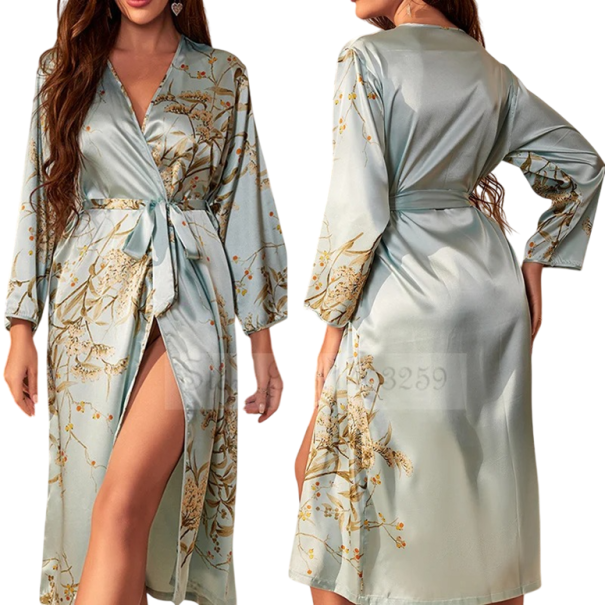 Damenbademantel mit Blumenmuster Leichter Bademantel aus Polyester und Kunstseide Mit Bindeband in der Taille Eleganter Hausbademantel für Frauen hellblau S