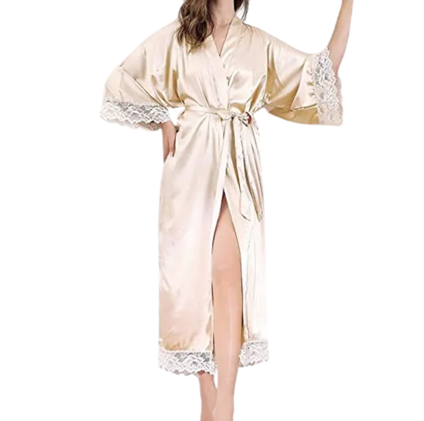 Damenbademantel mit Spitze Eleganter leichter Bademantel mit seidig glänzender Oberfläche Bindeband Luxus bequemer Bademantel aus weichem Polyester beige S