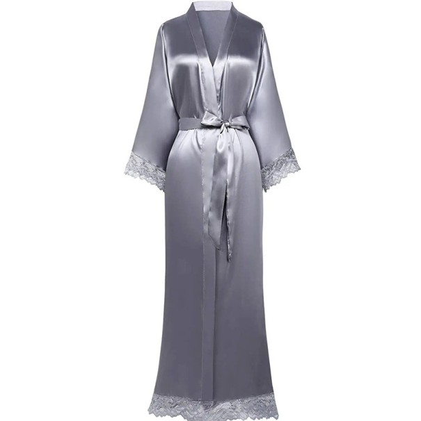 Damenbademantel mit Spitze Eleganter leichter Bademantel mit seidig glänzender Oberfläche Bindeband Luxus bequemer Bademantel aus weichem Polyester grau XS