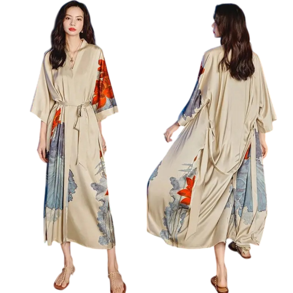 Damenbademantel universelle Größe Beige mit Blumenmuster Bindung um die Taille Leichter Bademantel aus Kunstseide und Polyester Eleganter Hausbademantel 1