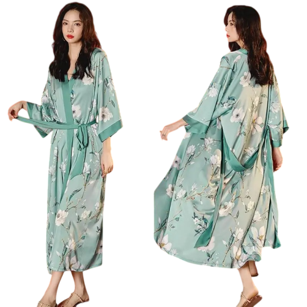 Damenbademantel universelle Größe Grüne Farbe Mit Blumenmuster Mit Bindeband in der Taille Leichter eleganter Bademantel aus Kunstseide und Polyester 1