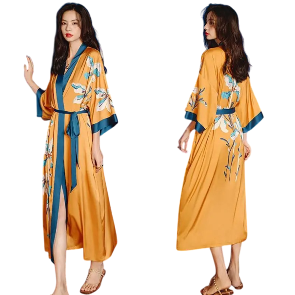 Damenbademantel universelle Größe Orange mit floralem Muster Bindung um die Taille Leichter eleganter Bademantel aus Kunstseide und Polyester 1