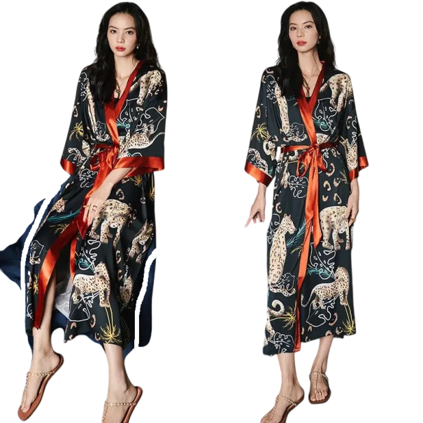 Damenbademantel universelle Größe Schwarze Farbe Mit Leopardenmuster Mit Bindeband in der Taille Leichter Bademantel aus Kunstseide und Polyester 1