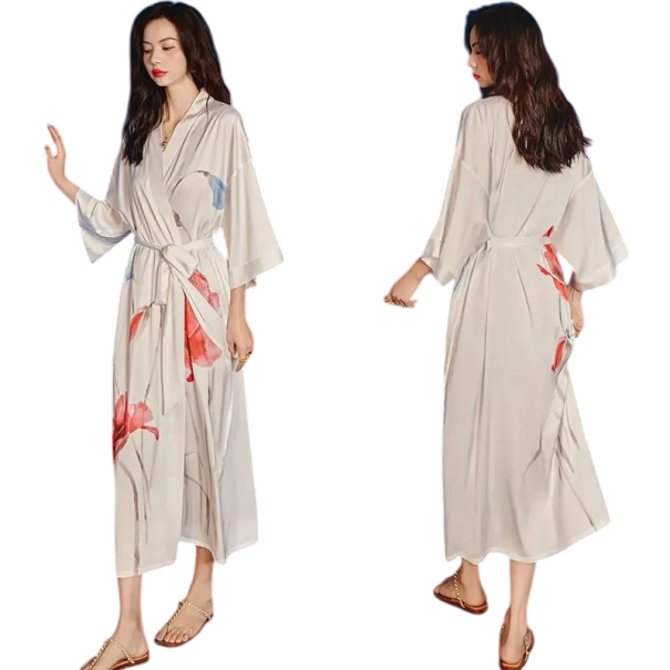 Damenbademantel universelle Größe Weiße Farbe Mit Blumenmotiv Bindeband in der Taille Leichter Bademantel aus Kunstseide und Polyester Eleganter 1