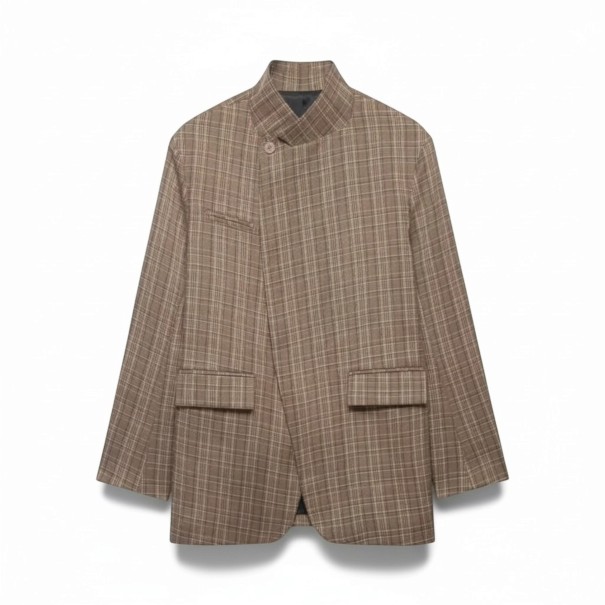 Damenblazer mit Stehkragen Asymmetrische Knopfleiste Lockerer längerer Schnitt Taschen mit Klappe Polyester Beigefarben mit Karomuster XS