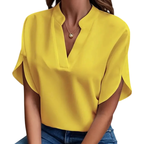 Damenbluse mit Kragen V-Ausschnitt Kurzarm Einfarbige elegante Bluse aus Polyester geeignet für die Arbeit gelb S