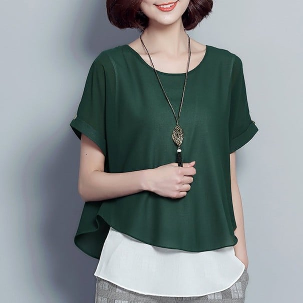 Damenbluse mit kurzen Ärmeln und weißer Unterlage Knöpfe und Schlitz am Rücken Rundhalsausschnitt Polyester mit Baumwolle und Spandex grün XL