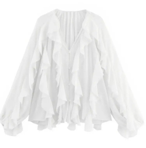 Damenbluse mit langen Ärmeln V-Ausschnitt Elegante Bluse mit Rüschen Knopfverschluss Leichter stilvoller Top für den Alltag Polyester weiß S