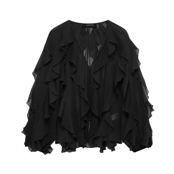 Damenbluse mit Rüschen und langen Ärmeln Elegante Chiffonbluse V-Ausschnitt Luftiges Material Gesellschafts- und Freizeitstil schwarz S