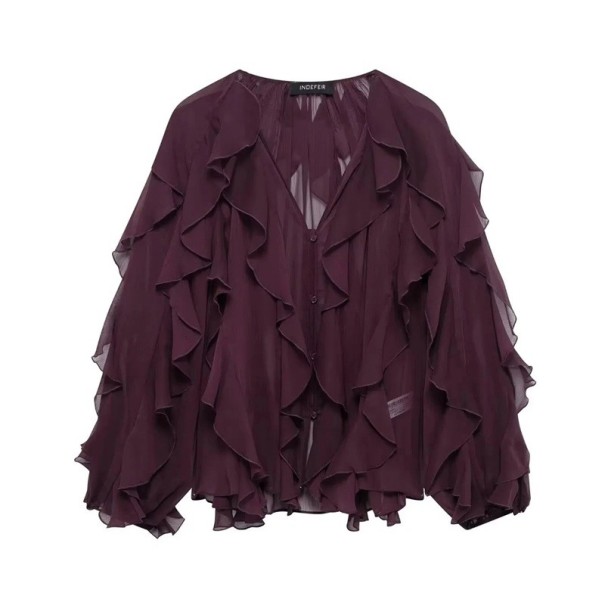 Damenbluse mit Rüschen und langen Ärmeln Elegante Chiffonbluse V-Ausschnitt Luftiges Material Gesellschafts- und Freizeitstil weinrot XS