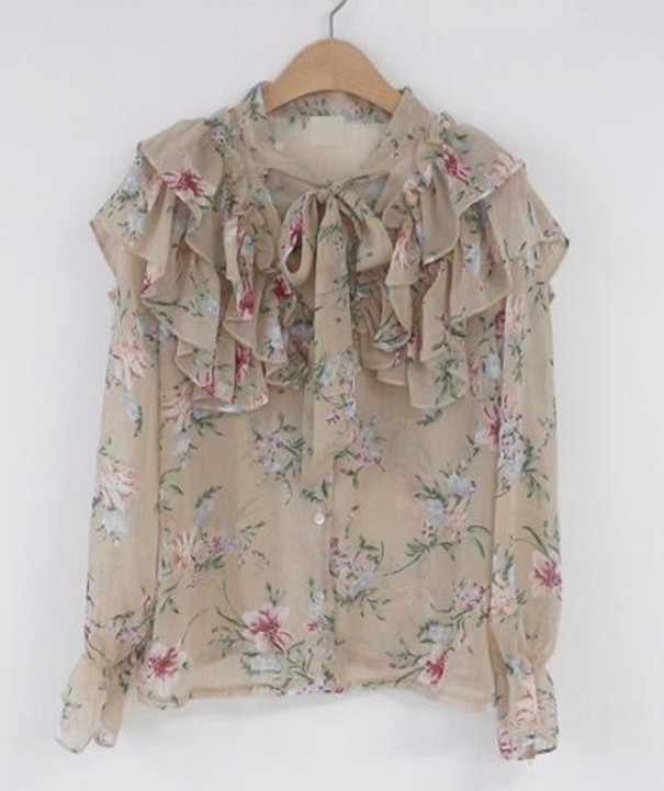 Damenbluse mit Schleife und Rüschen beige L