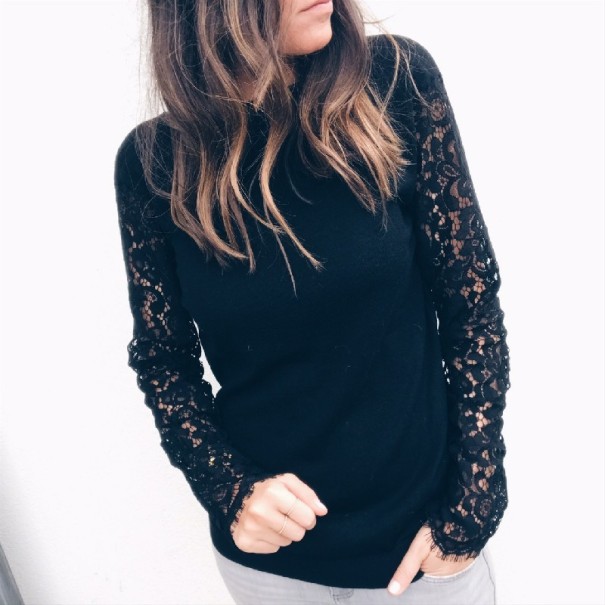 Damenbluse mit Spitze schwarz XS