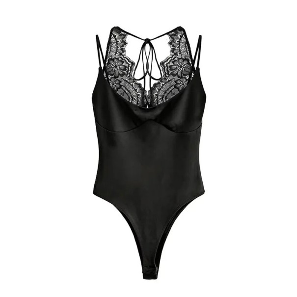 Damenfigurbetonendes Body mit dünnen Trägern und Spitzen-Ausschnitt, geformten Cups und Bindeband im Nacken aus elastischem Material in Schwarz schwarz XS
