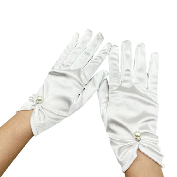 Damenhandschuhe mit Fingern kurz mit Perle 28,5x8,5 cm atmungsaktive elegante Handschuhe für gesellschaftliche und festliche Anlässe weiß