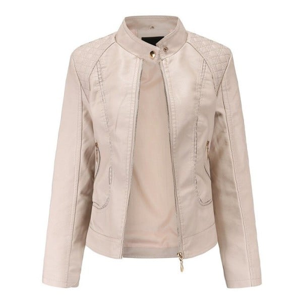 Damenjacke aus Kunstleder im Bikerstil Enganliegender Schnitt Stehkragen Gestepptes Schulterdesign Reißverschlüsse an Taschen und Ärmeln beige L